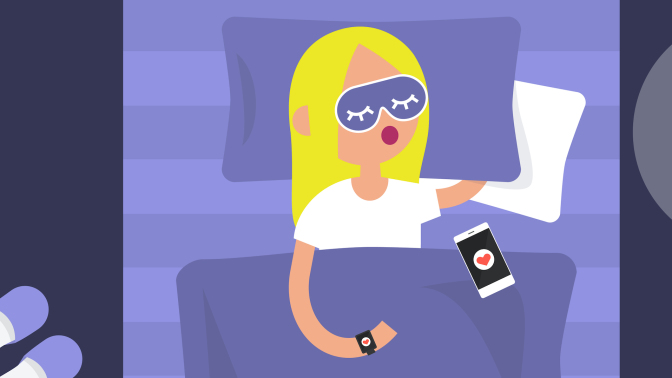 Illustration of a woman in bed with a phone and a smart watch