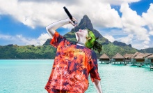 Billie Eilish superimposed on a picture of Bora Bora