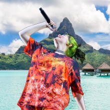 Billie Eilish superimposed on a picture of Bora Bora