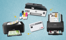 Canon, HP, Kodak, and Epson printers and scanners with blue sparkly background
