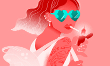 Illustration of a woman wearing sunglasses and lighting a cigarette. 