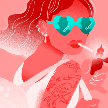 Illustration of a woman wearing sunglasses and lighting a cigarette. 