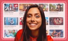 Michelle Khare smiling in a red leather jacket with her blurry YouTube behind her. 