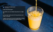 glass of juice and screenshot of tweet about slurpjuice