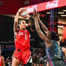  Las Vegas center A'ja Wilson shoots over Atlanta center Tina Charles