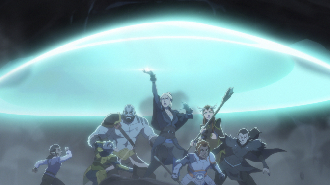 The heroes of Vox Machina gather around Allura as she casts a protective spell.