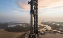 The Starship atop its rocket booster at its launch pad in Boca Chica, Texas, in 2023.