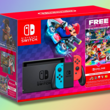 Nintendo Switch Mario Kart 8 Deluxe Bundle package on pastel rainbow background