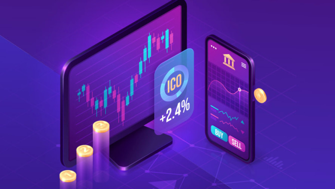 Graphic of computer and phone screen with price graphs and coins