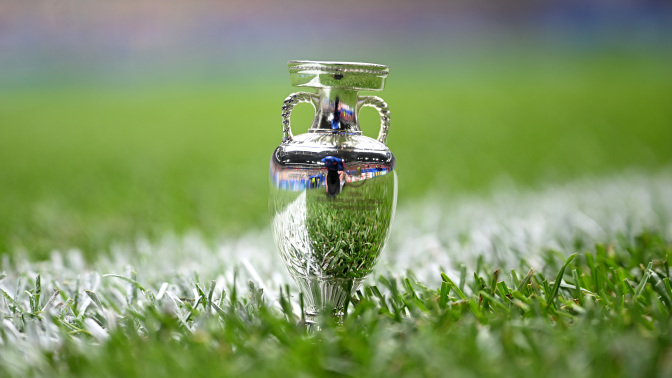 A detailed view of a replica UEFA EURO 2024 trophy
