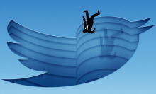 Man falling. Twitter logo in background