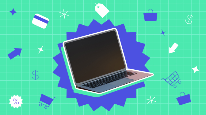 a laptop on a blue starburst cutout against a bright green background