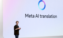 Mark Zuckerberg in front of a screen that says Meta AI translation