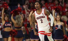 Caleb Love #2 of the Arizona Wildcats reacts after scoring against the Arizona State Sun Devils during the first half of the college basketball game at McKale Center on Feb. 17, 2024, in Tucson, Arizona. 