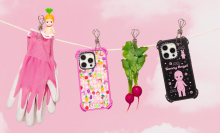 Two Sonny Angel x Casetify cases hang on a clothing line next to a pair of radishes and a set of pink gardening gloves.