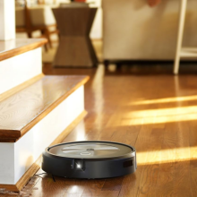 A robot vacuum on a living room