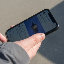 A hand holds a phone with a social media app opened. 