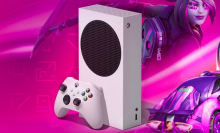 the xbox series s against a pink and purple background with characters from fortnite and rocket league