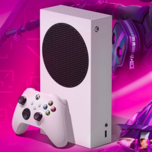 the xbox series s against a pink and purple background with characters from fortnite and rocket league