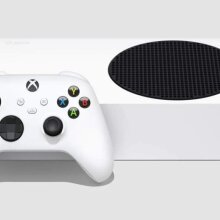 Xbox Series S on gray background