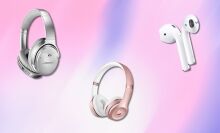 Headphones and eadbuds on a pink background