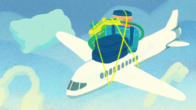 An illustration of a plane with luggage and various gadgets strapped to the top of it. It's flying through clouds shaped like gadgets such as headphones.