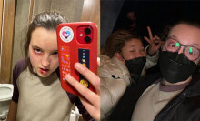 Two side-by-side photos, the one on the left shows a young woman holding up a red phone with a bloody lip, the one on the right shows two girls in black face masks posing together.