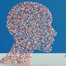 Pixelated human head as artificial intelligence, with a small human reaching towards it.