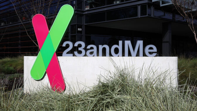 A sign is posted in front of the 23andMe headquarters on February 01, 2024 in Sunnyvale, California