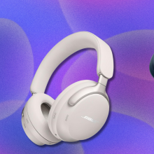 Headphones on purple abstract background