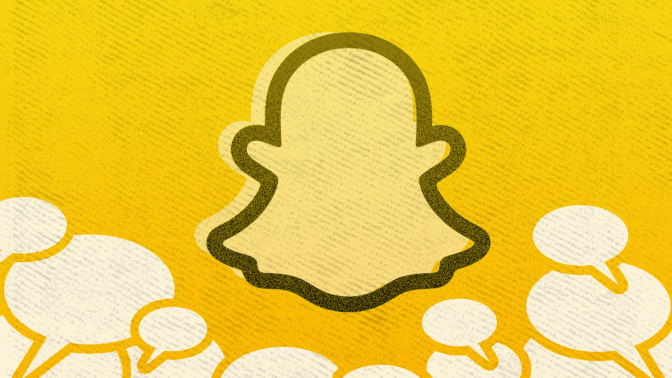 The Snapchat logo on a gold background surrounded by chat bubbles. 