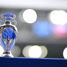 A detailed view of a replica UEFA EURO 2024 trophy
