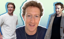 Three photos of Zuckerberg: one of him in a white tee, one of him in a blue tee and chain, and one of him in a shearling jacket.