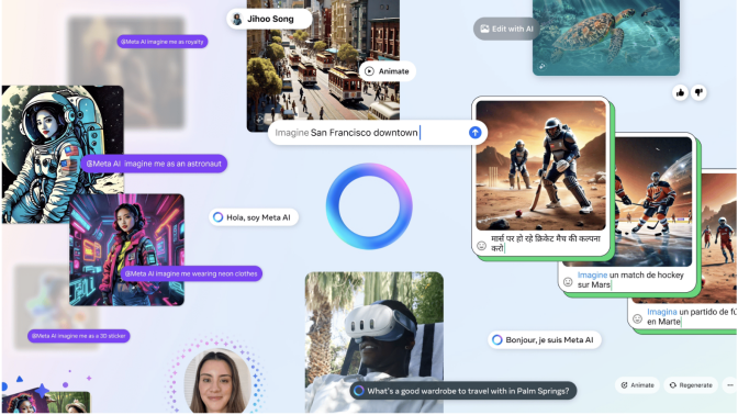 A collage of various AI-generated images from Meta AI's "Imagine Me" tool, showing users in different scenarios such as an astronaut, wearing neon clothes, and sporting 3D stickers