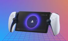 Playstation Portal Remote Player on purple and red background with geometric accent