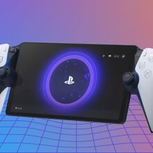 Playstation Portal Remote Player on purple and red background with geometric accent