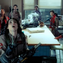 Trevor (Finn Wolfhard), Lucky (Celeste O’Connor), Gary (Paul Rudd), Nadeem (Kamail Nanjiani), Podcast (Logan Kim) and Callie (Carrie Coon) in Columbia Pictures’ GHOSTBUSTERS: FROZEN EMPIRE.