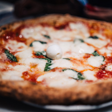 close-up view of traditional Neapolitan Margherita pizza
