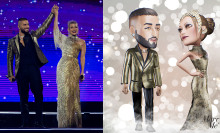 Two images of Maluma and Jennifer Lopez standing on stage holding raised up hands: One as a photograph, and one as their Bitmoji avatars.