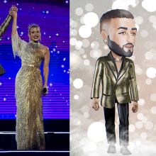 Two images of Maluma and Jennifer Lopez standing on stage holding raised up hands: One as a photograph, and one as their Bitmoji avatars.