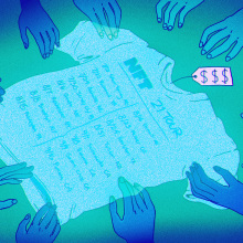 An illustration in shades of blue and green that shows a shirt that says "NFT" on it surrounded by hands.