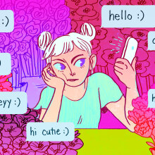 Illustration of a woman surrounded by text bubbles with dating opening lines. 