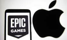 Epic Games logo next to Apple logo in front of white background