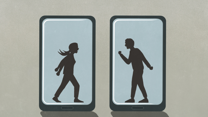 Illustration of two people superimposed on phone screens, and fighting.