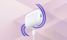 usb-c apple airpods with charging cable on design background