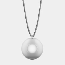 A smooth, round pendant with a small loop at the top, suspended from a textured, gray cord.