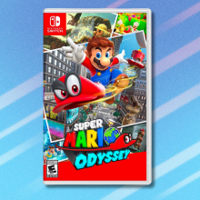 Super Mario Odyssey on light blue abstract background