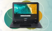 acer chromebook 512 in black with yellow and teal background