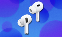 Apple AirPods Pro (2nd Gen) on blue and purple abstract background 