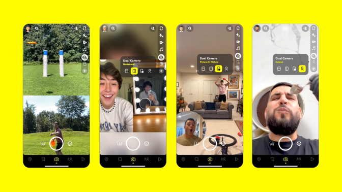 Four screenshots of Snapchat interface showing two shots captured in one screen on each screenshot.